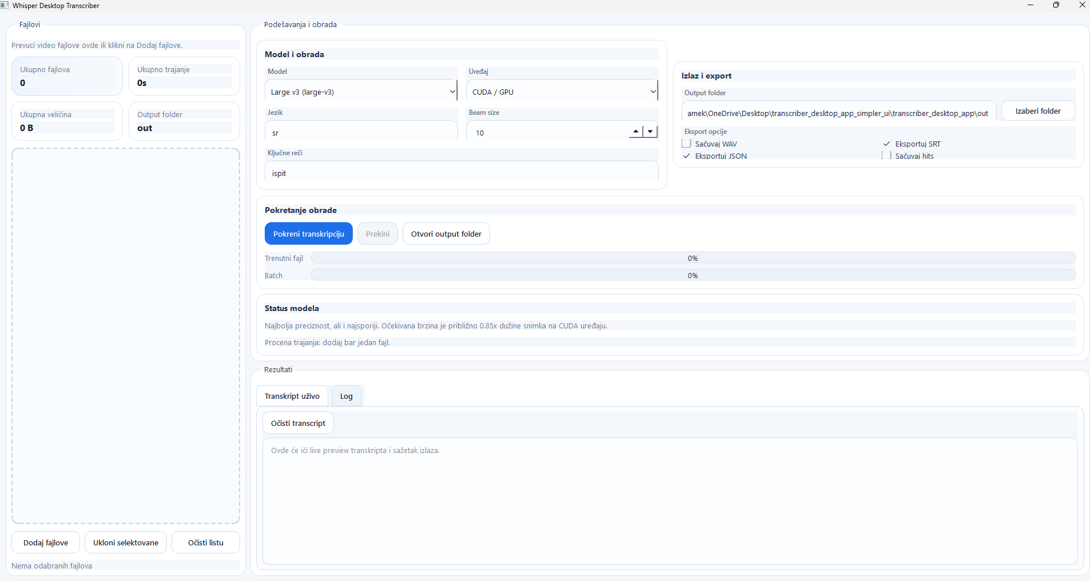 Transcriber desktop window with video preview and transcript